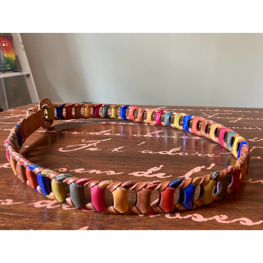 Vintage Rainbow Genuine Leather Art Chain Link Belt with Chunky Accent Buckle